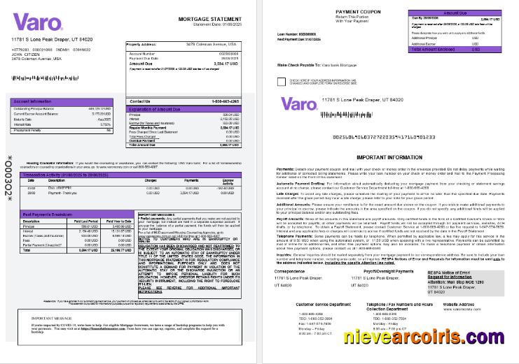 USA Varo bank mortgage statement 1-2